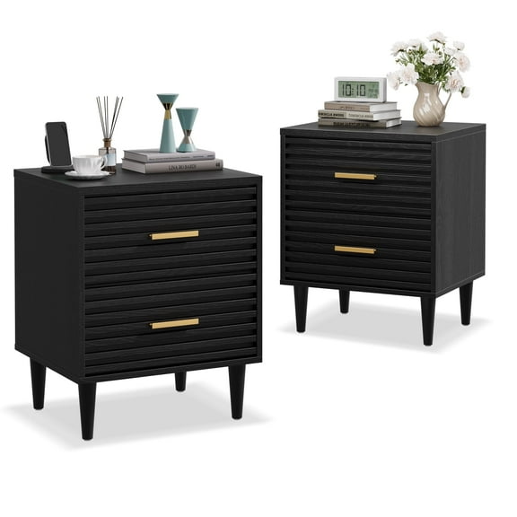 Black Night Stand Set of 2, Bedside Table, Nightstands with Drawer Storage Bed Side Table End Table Large Modern Wood Wide Bedside Stand Mid Century Night Stands for Bedroom Living Room Sofa Couch