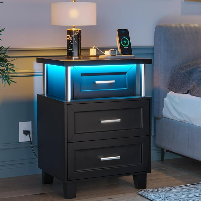 Black Nightstand with LED Lights and USB Port Charging Station