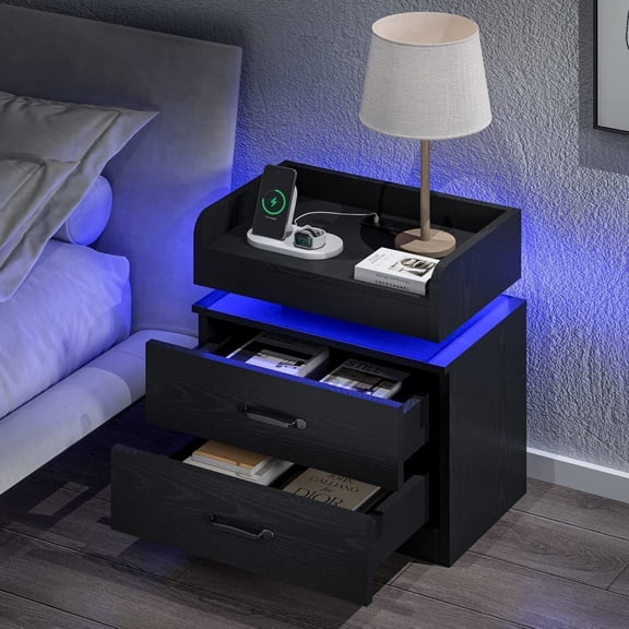 Black Night Stand with Charging Station and LED Lights Modern Bedside Table with Storage Drawers End Table for and Bedroom