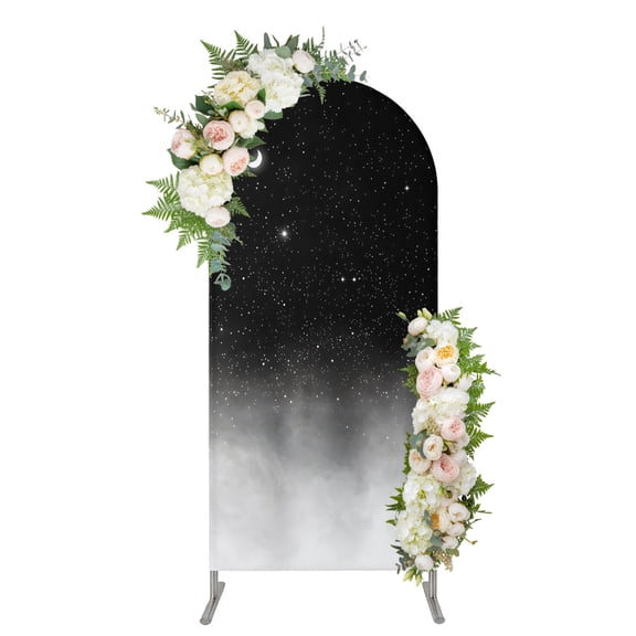 Black Night Stars Arch Backdrop Cover 4FT, Moon Grey Gradient Cloud Fog Spandex Fitted Stretchy Arch Stand Covers, Round Top Chiara Backdrop Cover for Wedding Party Birthday Baby Shower