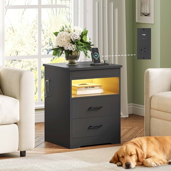 Mabor Nightstand with 2 Storage Drawers and Charging Station, Modern Night Stand Bedside Table with LED Lights and Sliding Desktop, Large End Side Table for Bedroom Living Room, Black