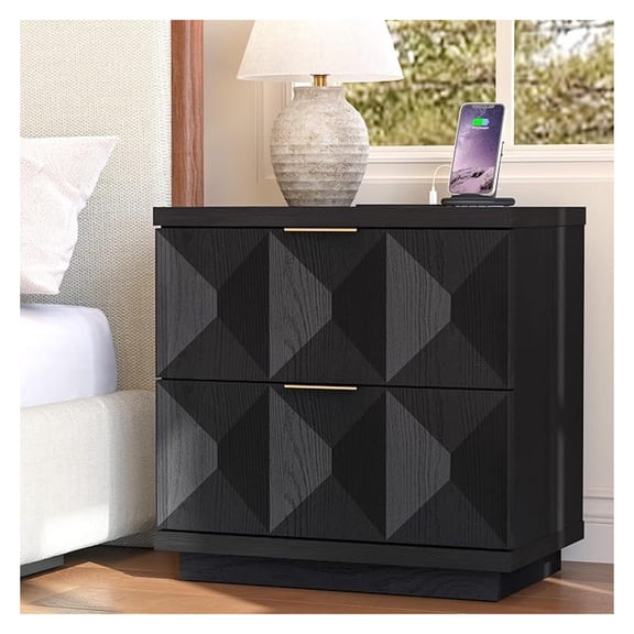 Black Nightstand with 20W Fast Charging Station, 23.6'' Wide Bedside Table with 2 Geometric Drawers Storage & Handle, Large Modern Wooden Nightstand for Bedroom, End Table for Sofa Side