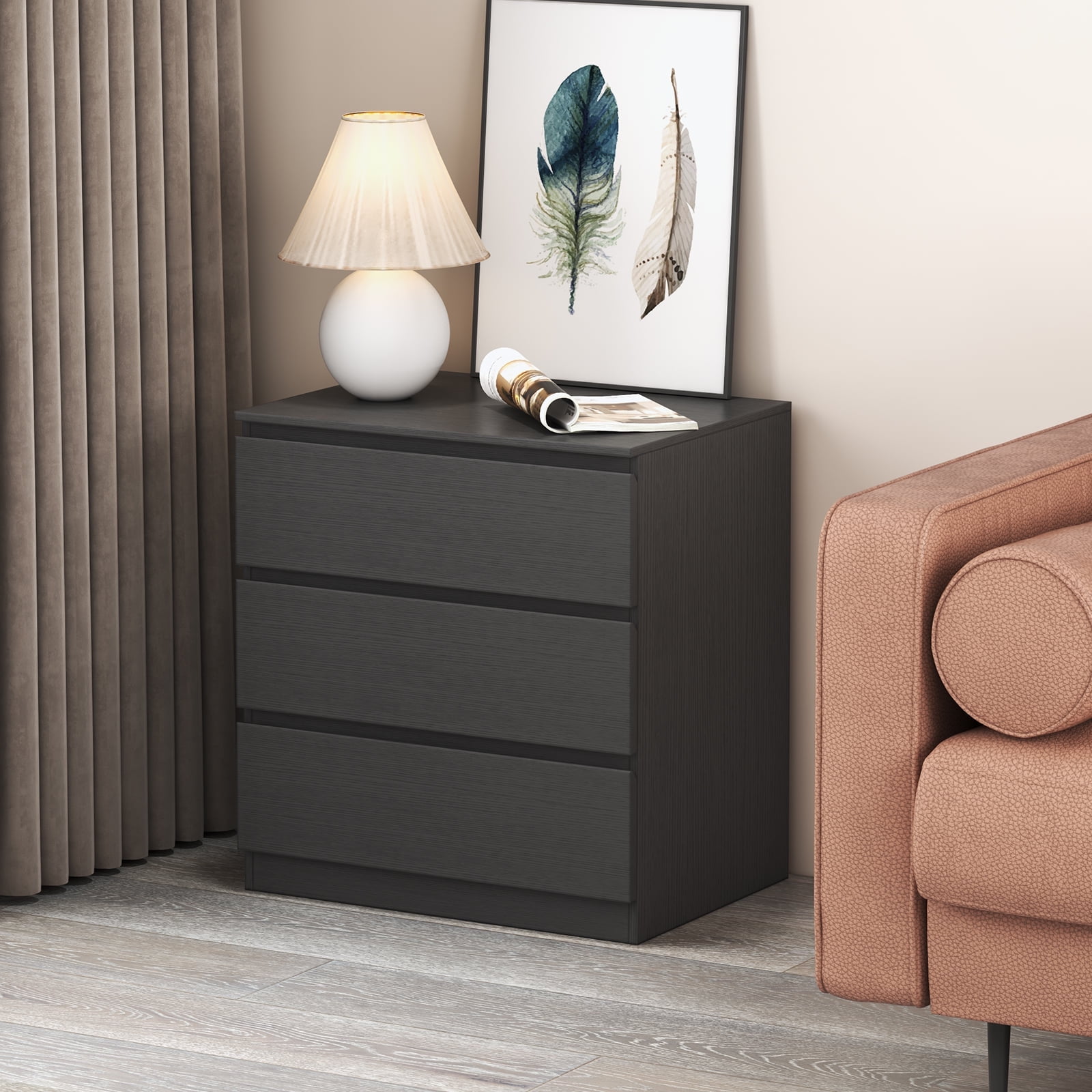 Black Nightstand with 3 Drawers, Black Bedside Table Night Stand for Bedroom with Cut-Out Handle ...