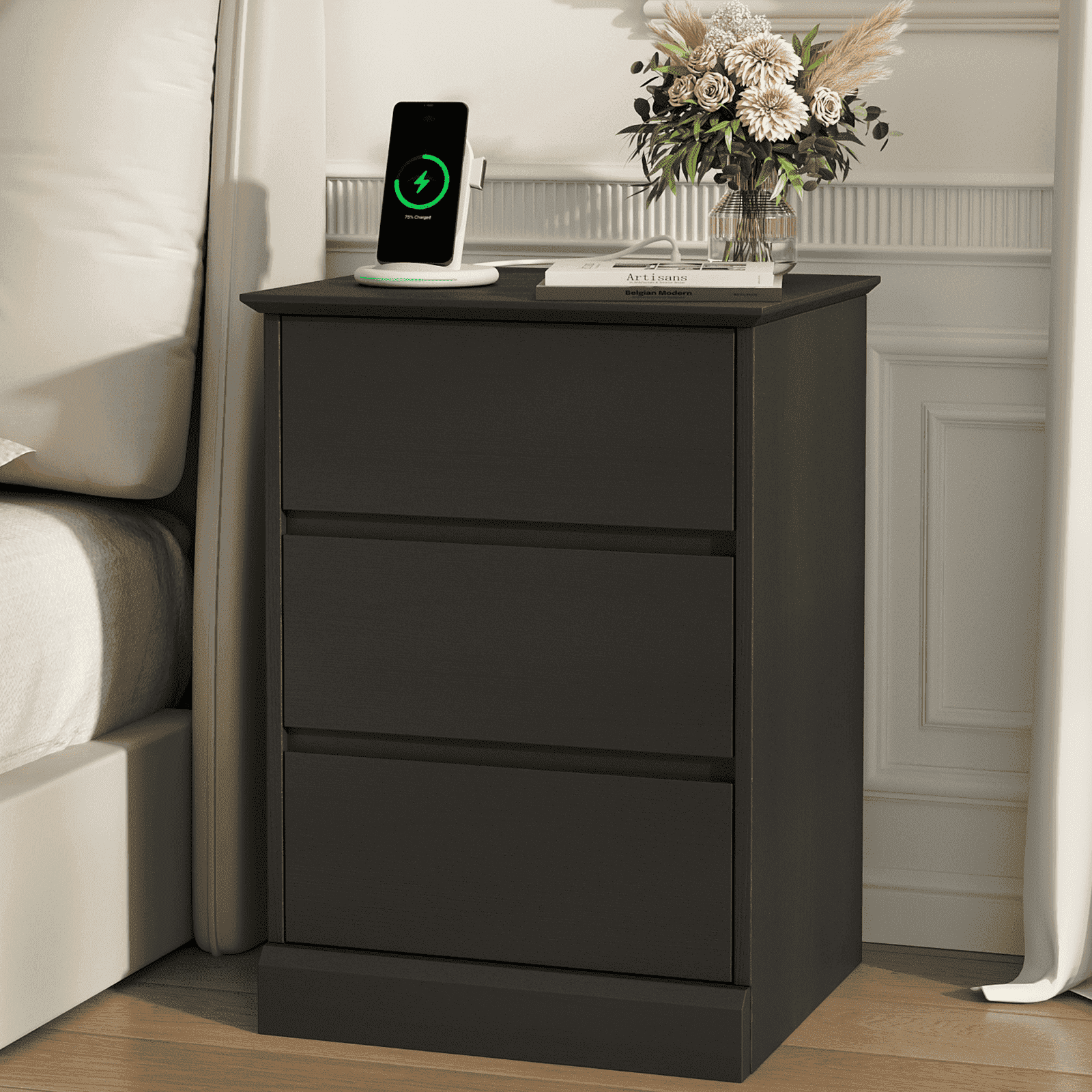 Black Nightstand,3 Drawers Nightstand with Charging Station, Bedside Table with Storage for Living Room Bedroom