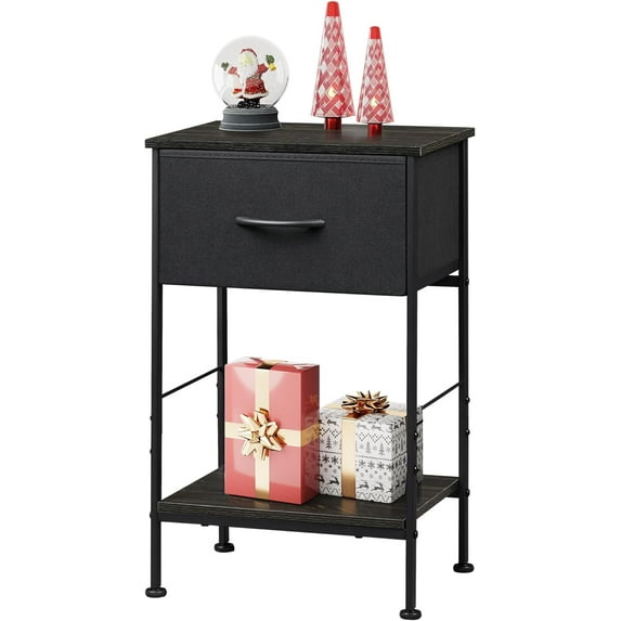 Black Nightstand, Bedside Table with Fabric Storage Drawer, Open Wood Shelf, Bed Side Table, Night Stand for Bedroom Furniture, End Table for Living Room, Dorm, Entryway, 25.03" Height