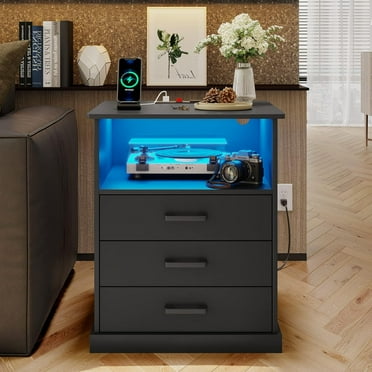 Black Nightstand Bedside Table with 3 Drawers & LED Lights & Charging Station, Modern End Side Table for Bedroom