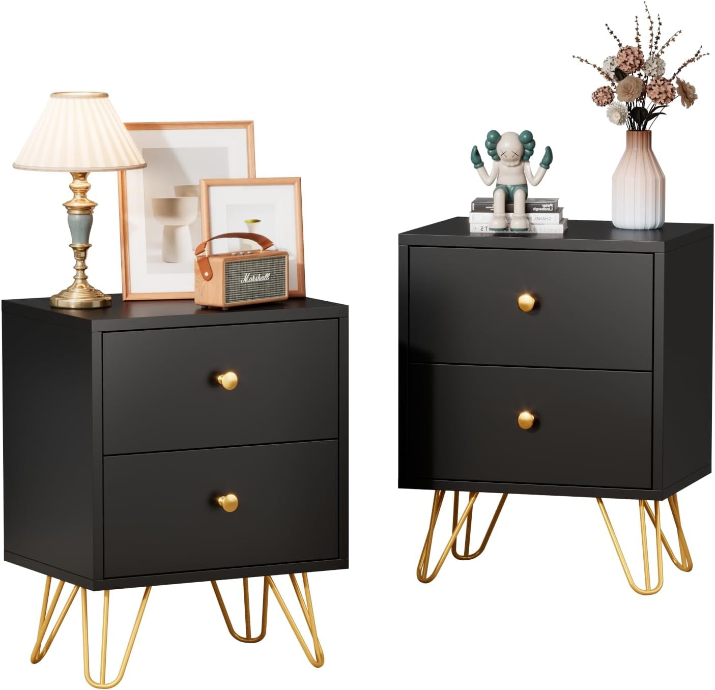Black Nightstand, Black and Gold Nightstand Set of 2, Night Stand with  Drawers, End Table with Metal Legs and Gold Handles, Black Bedside Table  for Bedroom - Walmart.com