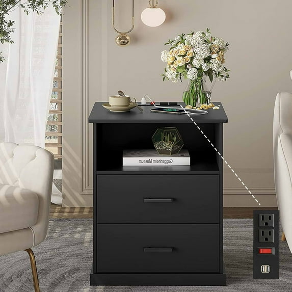 Black Nightstand with Charging Station and 2 Drawers, Modern Bedside Table for Bedroom Living Room, Wood Nightstand End Side Table with Open Cubby for Home Office