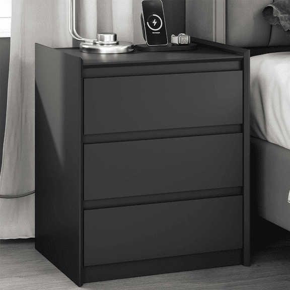 Black Nightstand with Charging Station, 24" Tall 3 Drawer Modern Bedside Table with Tray Top, USB & Type-C Ports and AC Outlets for Bedroom or Living Room