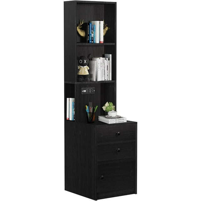 Black Nightstand with Charging Station, Bed Side Table/Night Stand with