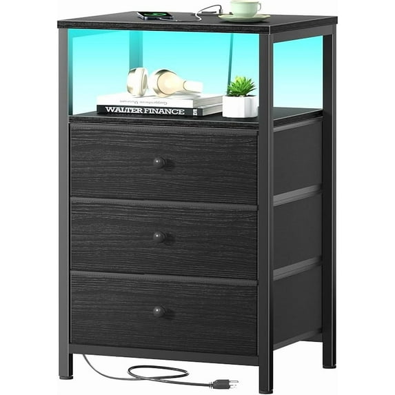 Black Nightstand with Charging Station, LED Night Stand with 2 Fabric Drawers, Bedside Table with USB Ports and Outlets, Nightstand for Bedroom Modern