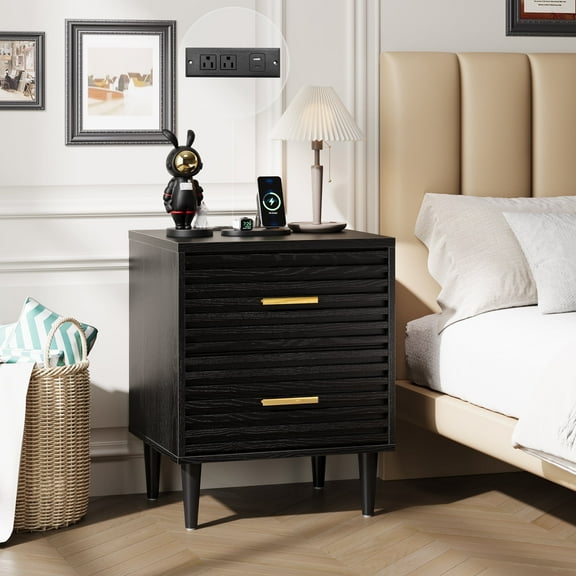 Black Nightstand With Charging Station, Mid Century Modern Night Stands For Bedroom Bedside Table, Fluted Nightstand With Charger Station, 19" Modern Side Table With Outlets And Usb C Port, 2 Drawers