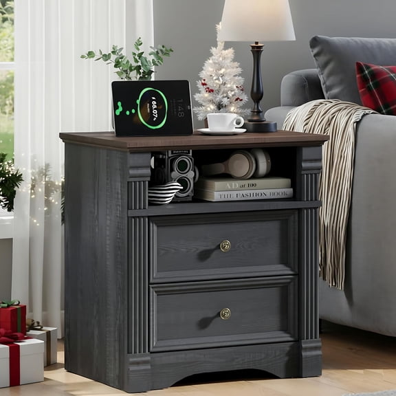 Black Nightstand with Charging Station, Side Table Storage Cabinet with 2 Drawers and Chic Wood Pilasters Design, Farmhouse Wood Bedside Table & End Table with Metal Handles for Bedroom, Living Room