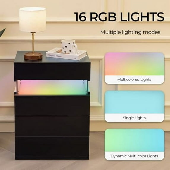 Black Nightstand LED with Drawers Wide Nightstand with 4 Drawers Modern Nightstand for Bedroom Bedside Table