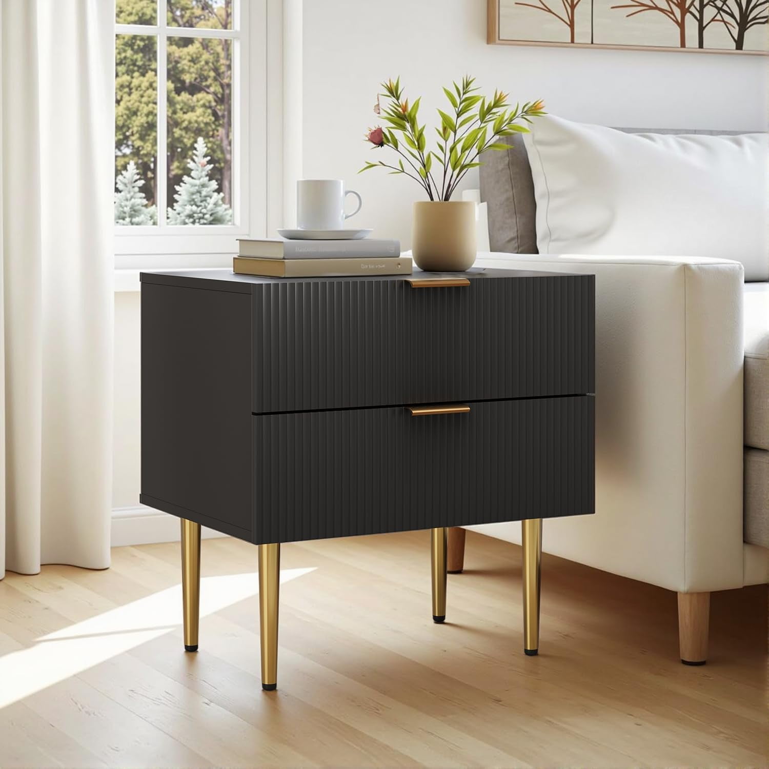 Black Nightstand, Mid Century Modern Night Stand with Gold Metal Legs ...