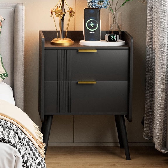 Black Nightstand Modern Bedside Table with 2 Storage Drawer, Small Night Stand, Wooden Sofa Side Table for Bedroom, Study Room and Small Spaces