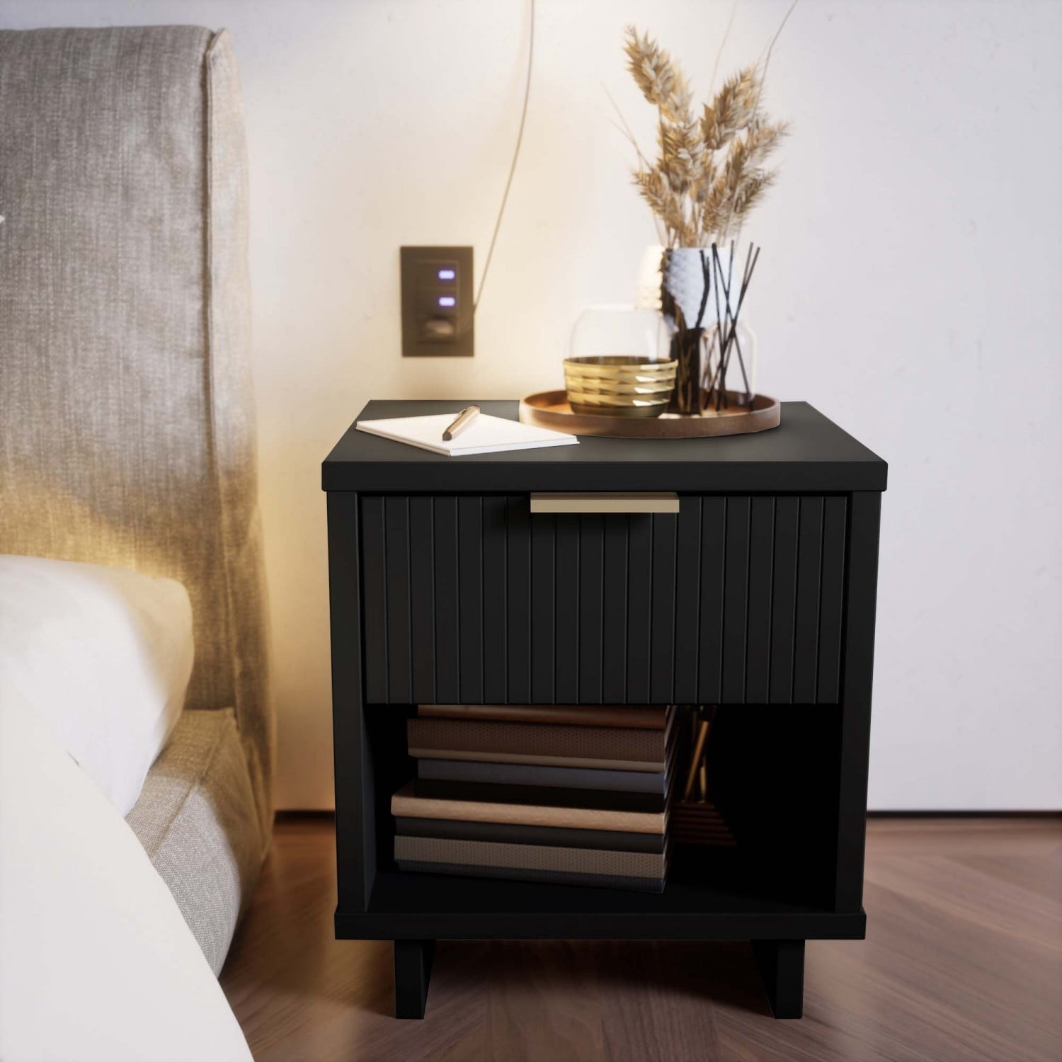 Black Nightstand, Modern Contemporary Bedside Table with 1 Drawer, Solid Wood Ribbed Drawer Front and Gold Handle, Glam Storage End Table for Bedroom Living Room