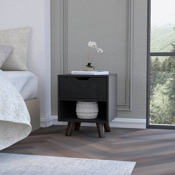 Black Nightstand Offering 1-Open Shelf and 1-Drawer Storage Solution