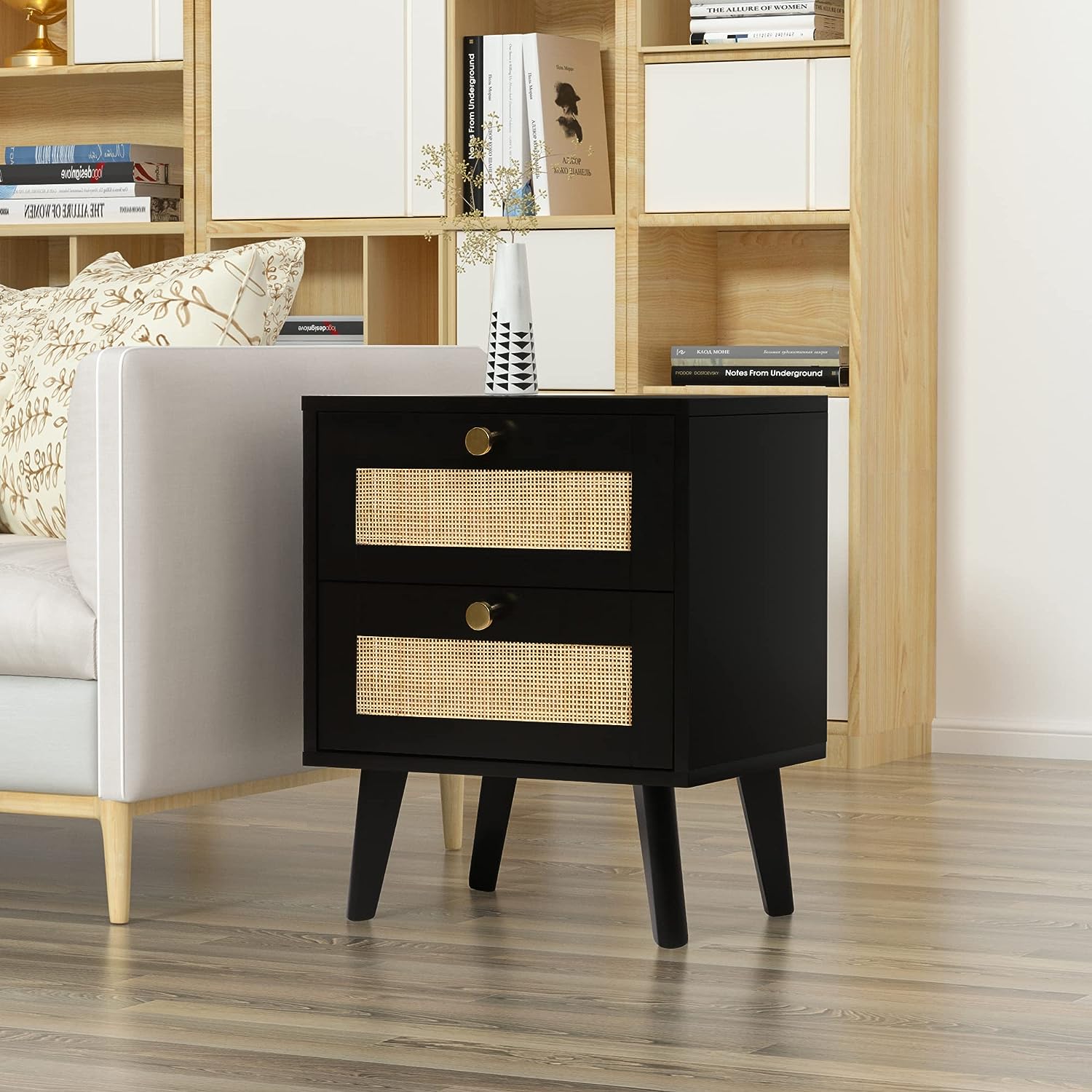 Black Nightstand, Rattan Nightstand Wood Bedside Table With 2 Drawers Century Modern Nightstand