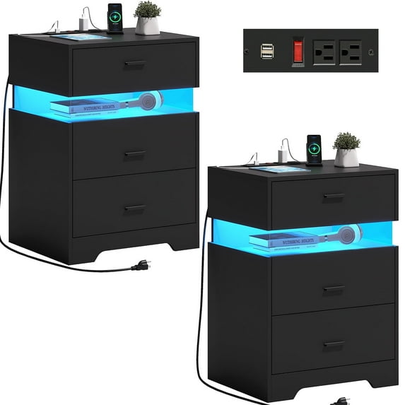 Black Nightstand Set of 2 with Acrylic LED Light&3 Drawers for Bedroom, LED End Side Table with Charging Station for Living Room, 2 Outlets and 2 USB Ports