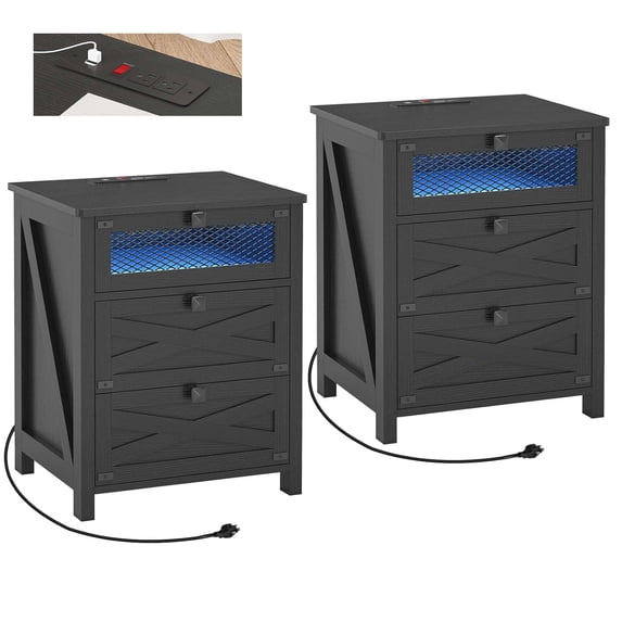 Black Nightstand Set of 2 with Charging Station and LED Lights, Farmhouse Night Stand/Bedside Table with 3 Drawers, End Side Table for Bedroom Living Room
