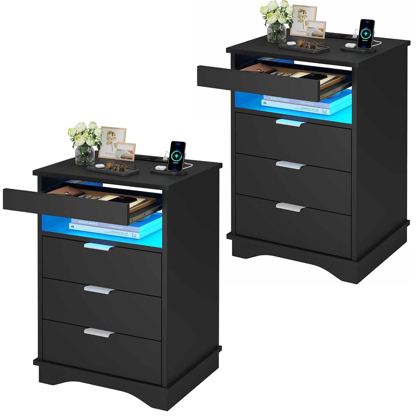 Black Nightstand Set of 2 with LED Lights & Charging Station & Drawer