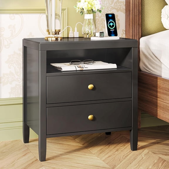 Black Nightstand Set of 2  Night Stand with Charger Station  Bedside Table with 2 Drawers  Bed Side Tables for Bedroom  Modern Nightstands  Metal Knobs  Painted Surface