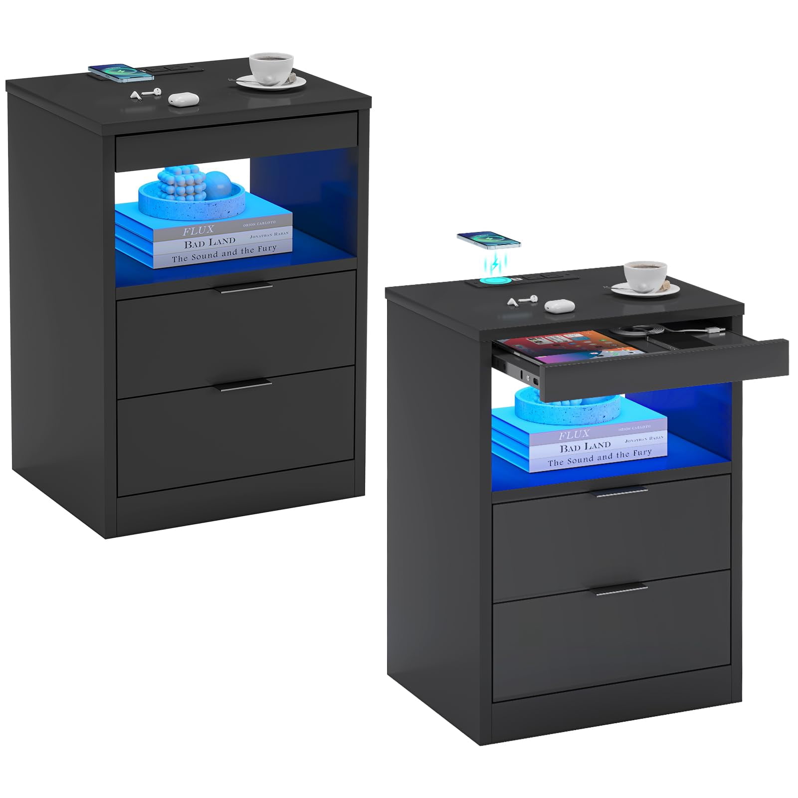 Black Nightstand Set of 2, Nightstand with LED Light and Wireless Charging Station, Night Stand with Drawers & Pull-Out Shelf, Modern Bedside Table with Storage, End Table Side Table