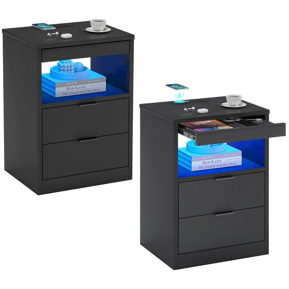 Black Nightstand Set of 2, Nightstand with LED Light and Wireless Charging Station, Night Stand with Drawers & Pull-Out Shelf, Modern Bedside Table with Storage, End Table Side Table