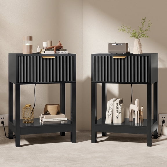 Black Nightstand Set of 2, Wood Nightstand, Fluted Nightstand Set with Charging Station, Bed Side Table Set of 2, Walnut