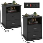 Black Nightstand Set of 2 with Charging Station&2 Drawers, Night Stand/Bedside Table for Bedroom Living Room,Modern End Side Table with 2 USB Ports
