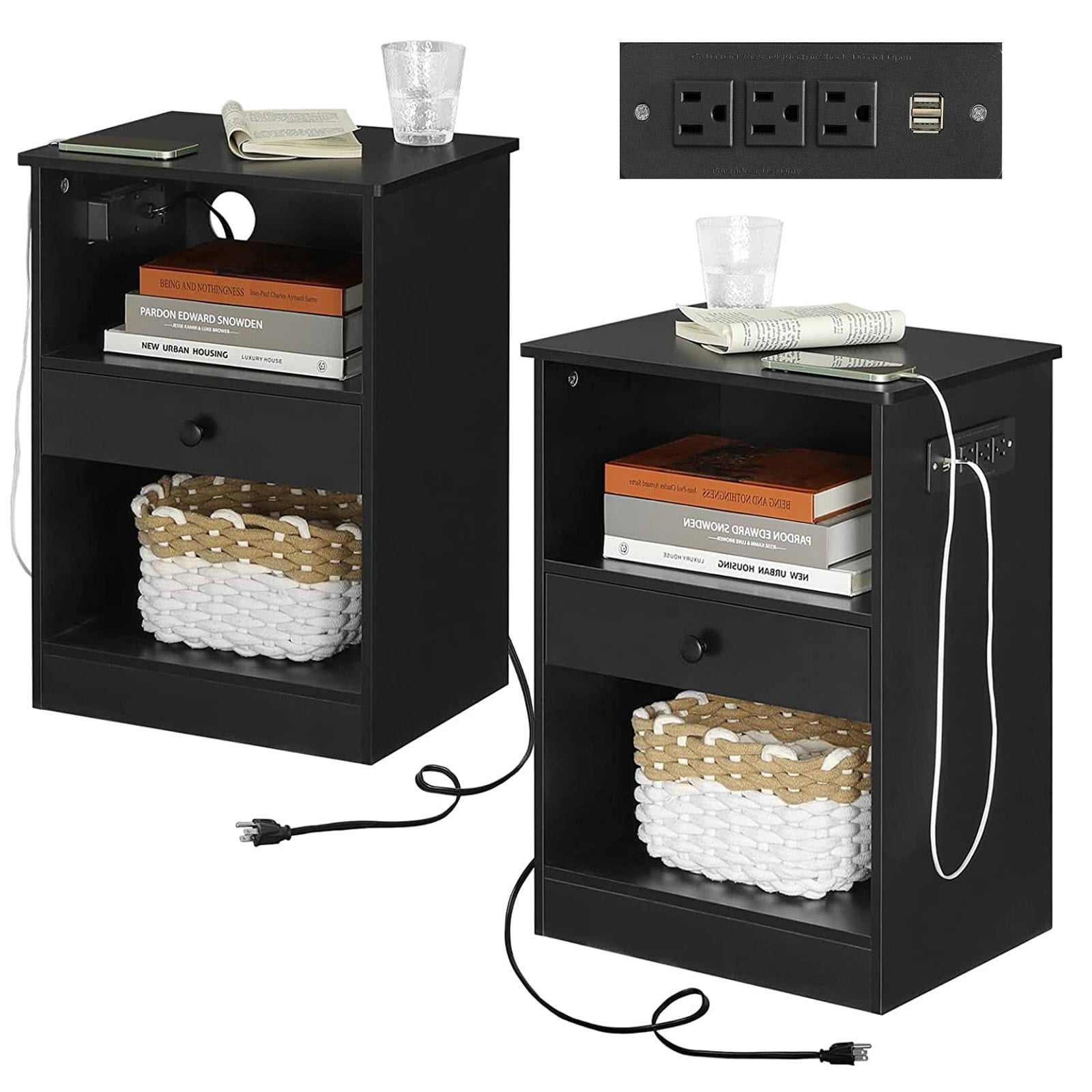 Black Nightstand Set of 2 with Drawers for Bedroom, End Side Table with