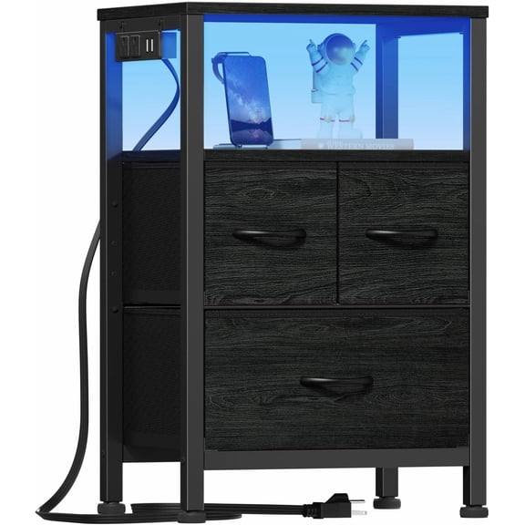 Black Nightstand with  Shelf, Bed Side Table with Led Light and  Station, 25.8 Inch End Table with 3 Fabric Storage Drawers, Small Night Stand for Bedroom Furniture