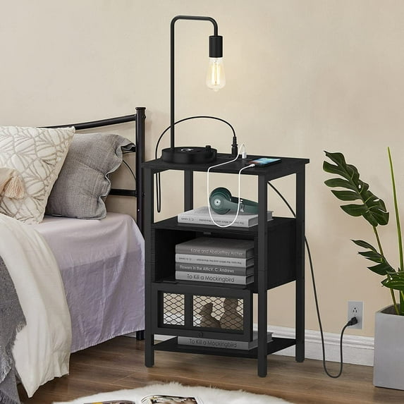 Black Nightstand Table with USB Ports & Outlets Drawer Storage Shelf Living Room