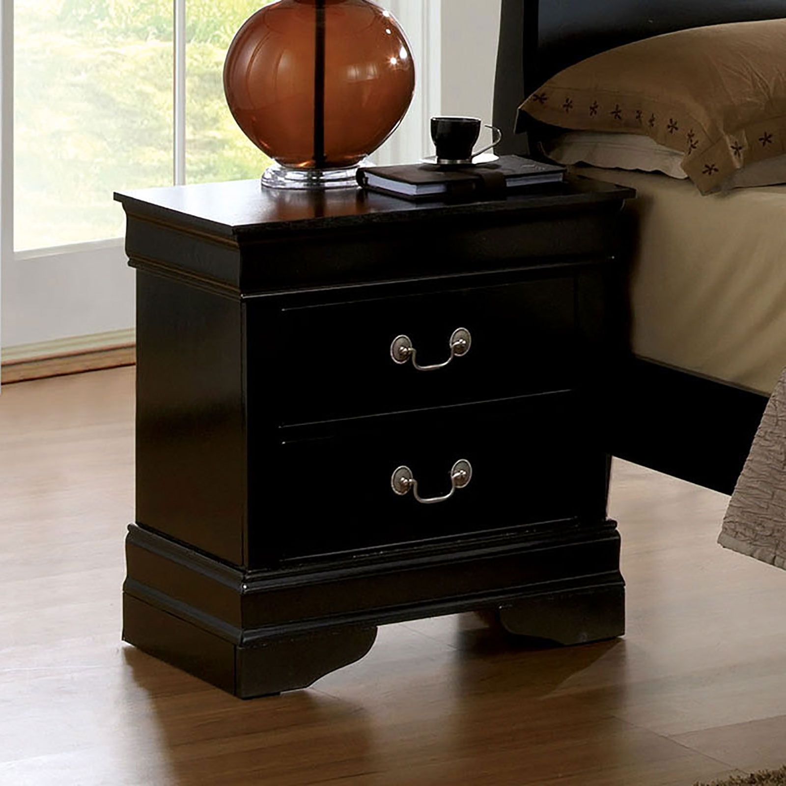 Black Nightstand, Transitional Style Solid Wood Nightstand with Drawers ...