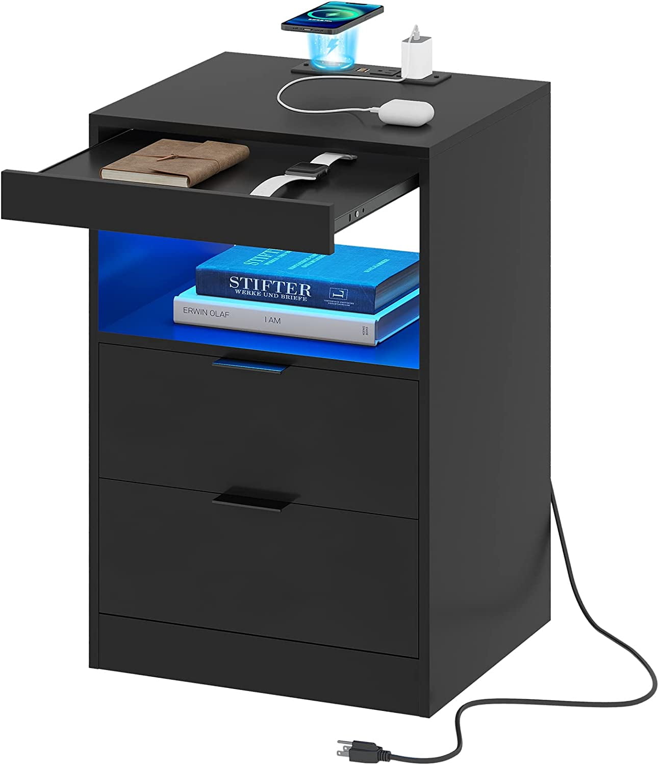 Black Nightstand with Wireless Charging Station and LED Lights, Bedside