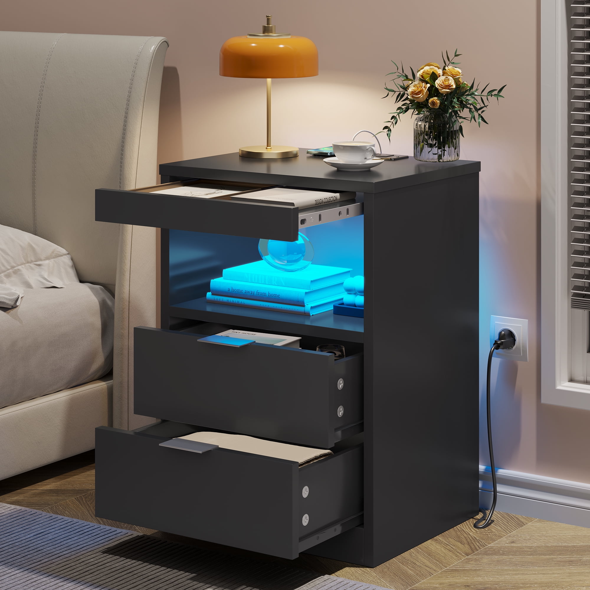 Modern Black 2-Drawer Nightstand with Wireless Charging and LED Light