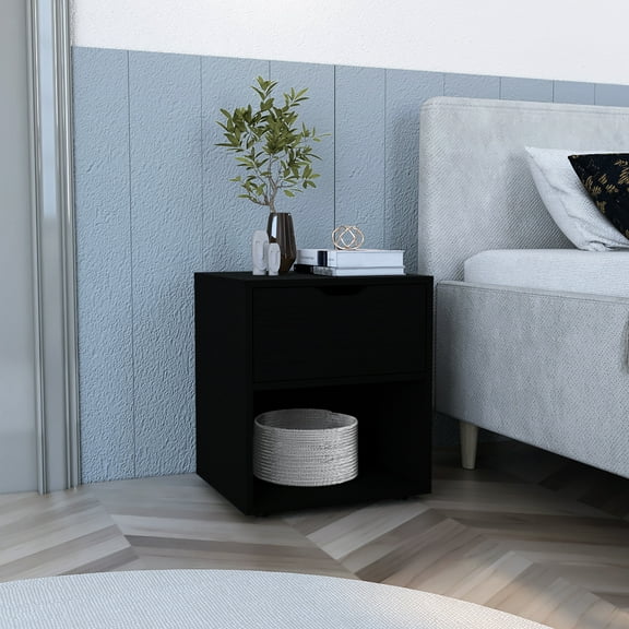 Black Nightstand With 19.7" Height, Open Shelf And Drawer For Tiny Corners High Compact Bedroom