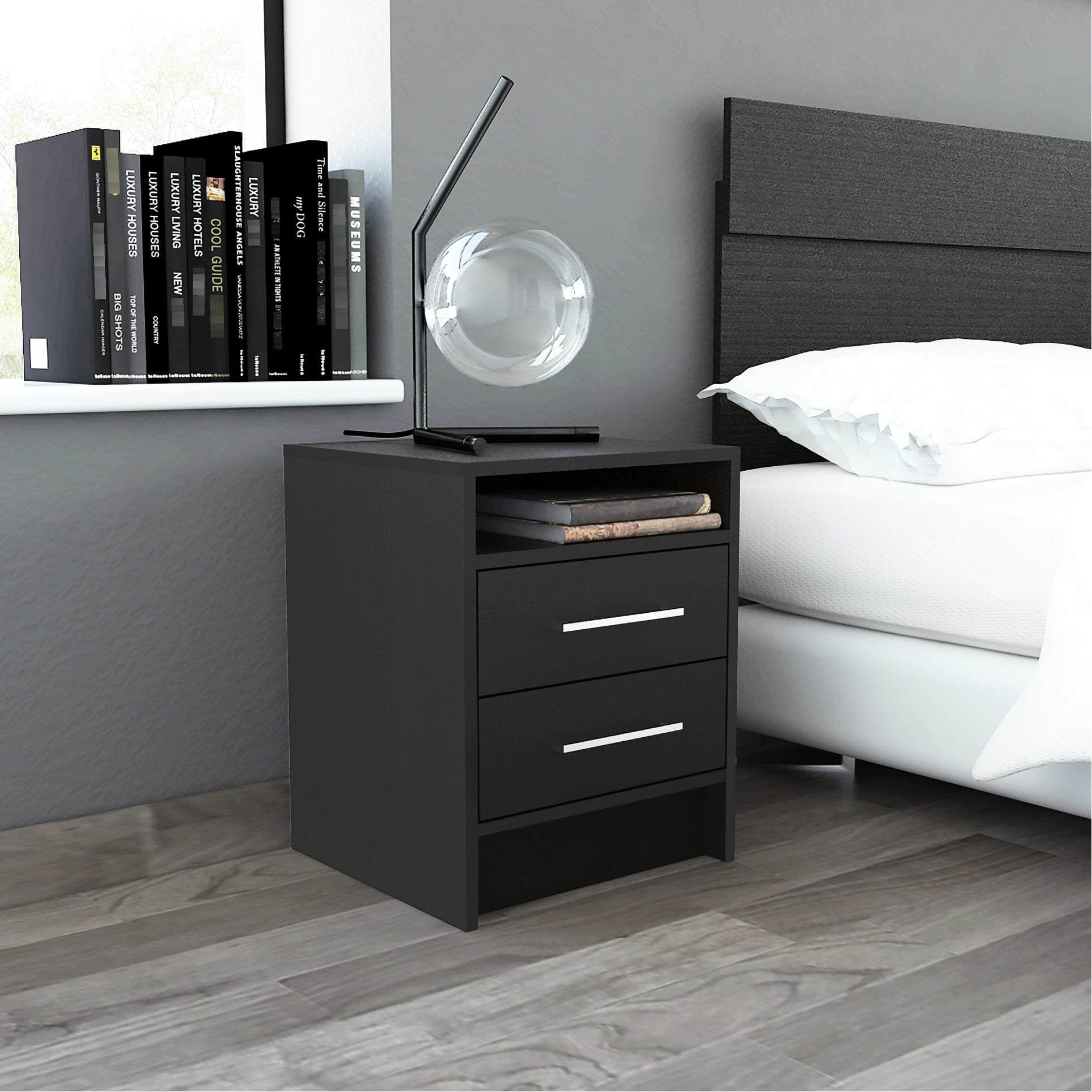 Black 1-Drawer Bedroom Nightstand Contemporary End Table