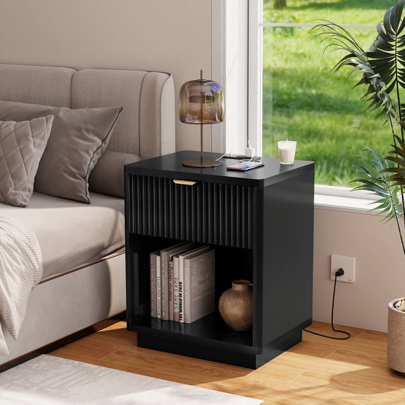 Black Nightstand, Wood Nightstand with Charging Station, Fluted Bed Side Table, Walnut