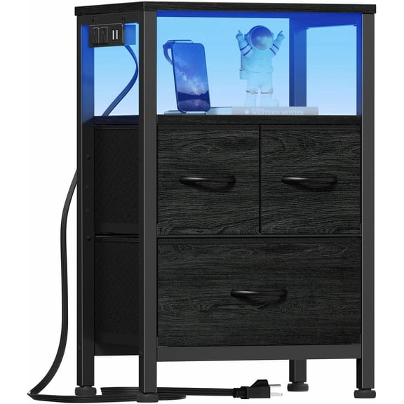 Black Nightstand with Wood Shelf, Bed Side Table with Led Light and Charging Station, 25.8 Inch End Table with 3 Fabric Storage Drawers, Small Night Stand for Bedroom Furniture