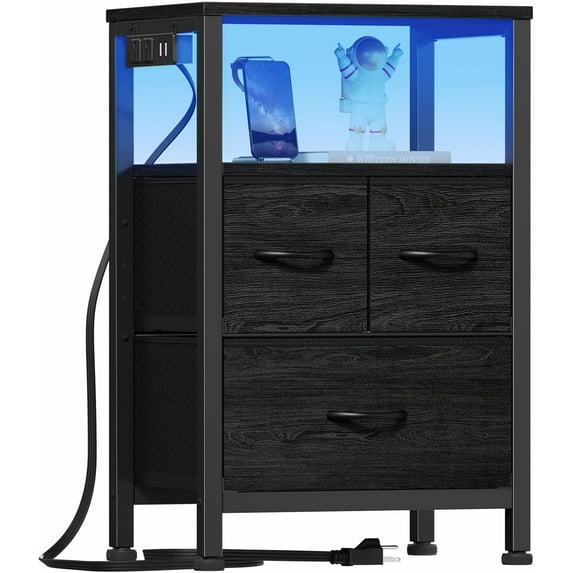 Black Nightstand with Wood Shelf, Bed Side Table with Led Light and Charging Station, 25.8 Inch End Table with 3 Fabric Storage Drawers, Small Night Stand for Bedroom Furniture