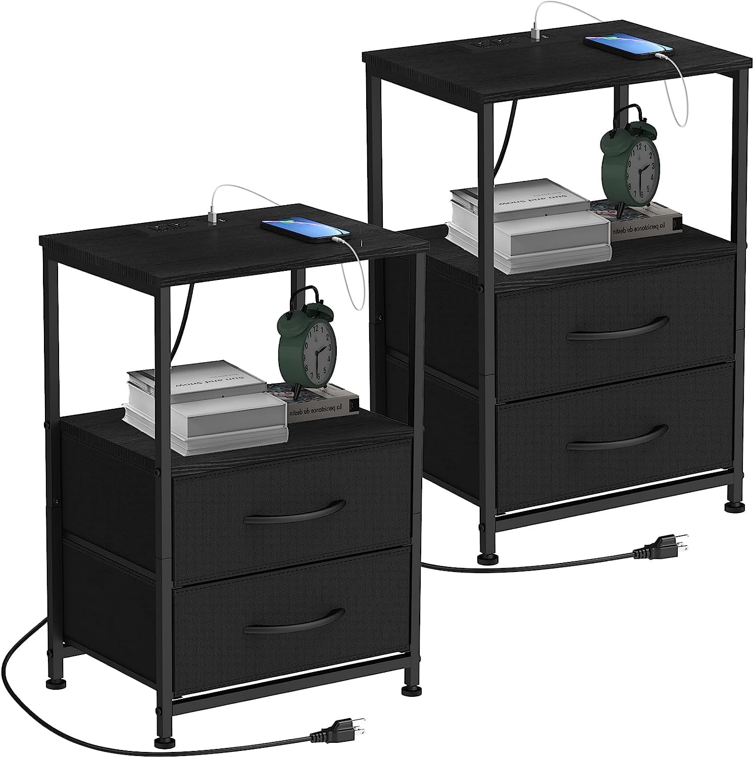 JARHETUN Nightstand Set Of 2 With Charging Station - 3-Tier Bedside Tables With Fabric Drawers, Black - View #6