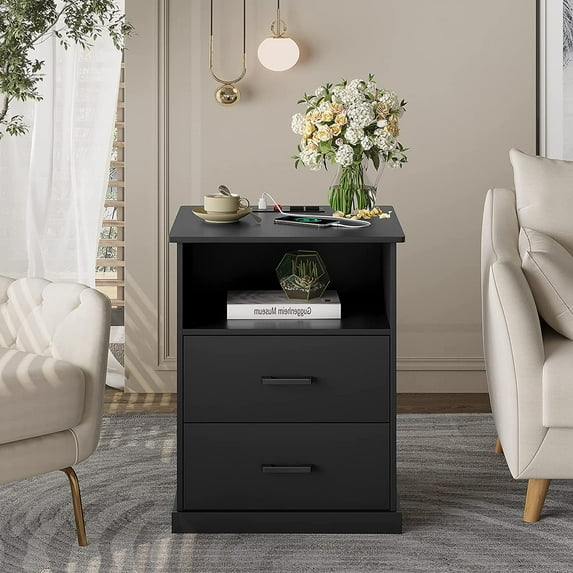 Black Nightstand with Charging Station & 2 Drawers, Night Stand for Bedroom Living Room, Modern End Side Table with 2 USB Ports