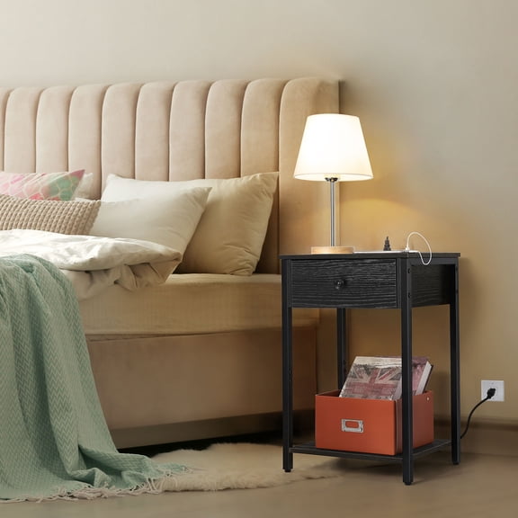 Black Nightstand with Charging Station, 2-Tier Bedside Table with USB Ports, Drawer & Shelf for Small Spaces