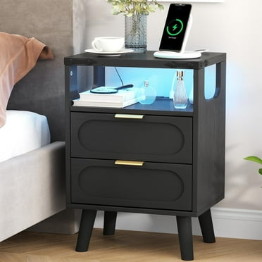 Nightstand with Charging Station, Smart Led Nightstand with 2 Drawer, Modern Bedside Table End Side Table Nightstands for Bedroom, Living Room, Black