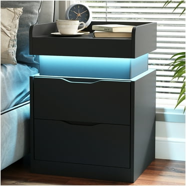 Black Nightstand with Charging Station, LED Modern Nightstand with 3 Hidden Drawer Bedside Table for Bedroom Living Room