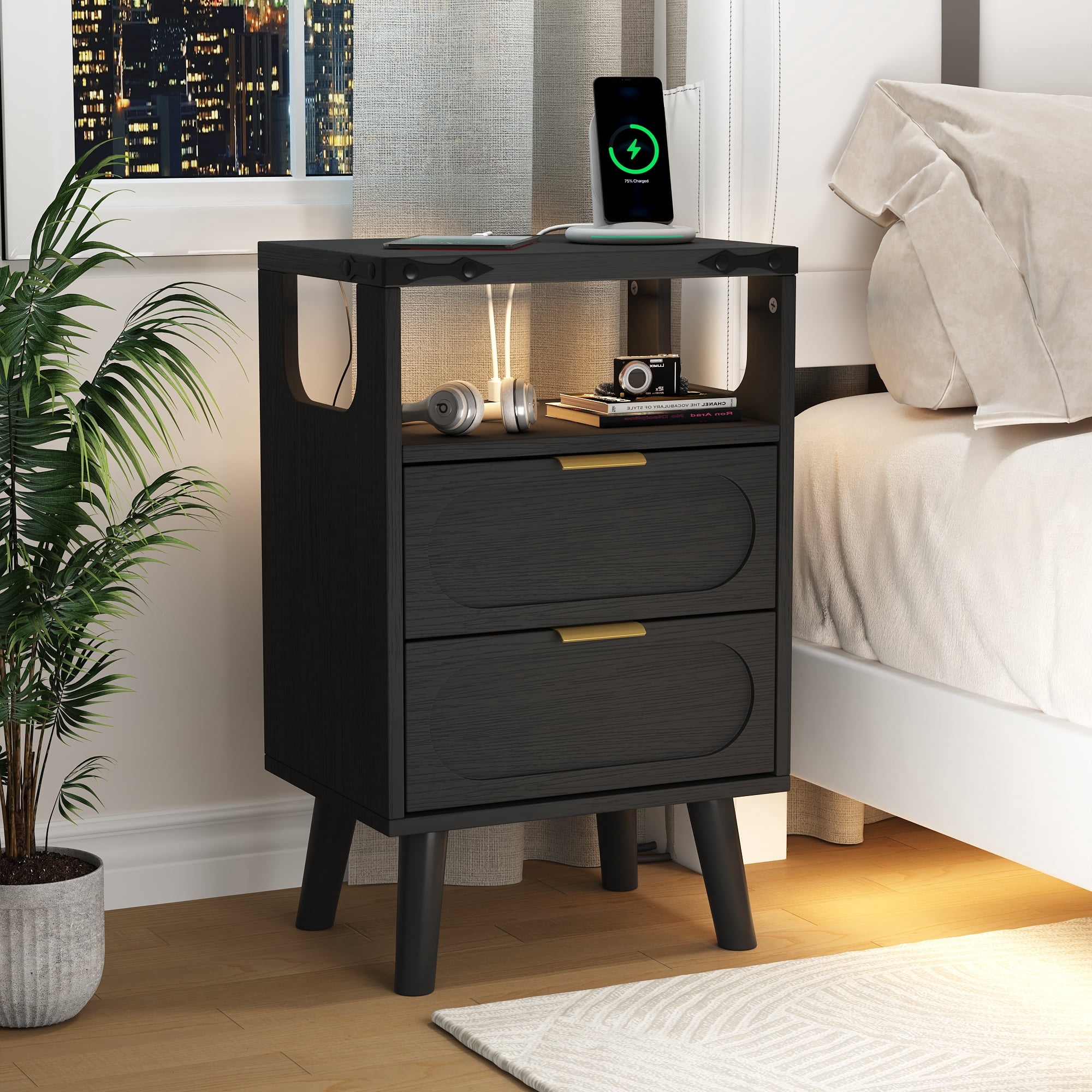 IDEALSOUL Nightstand with Charging Station, Smart Led Nightstand with 2 Drawer, Modern Bedside Table End Side Table Nightstands for Bedroom, Living Room, Black