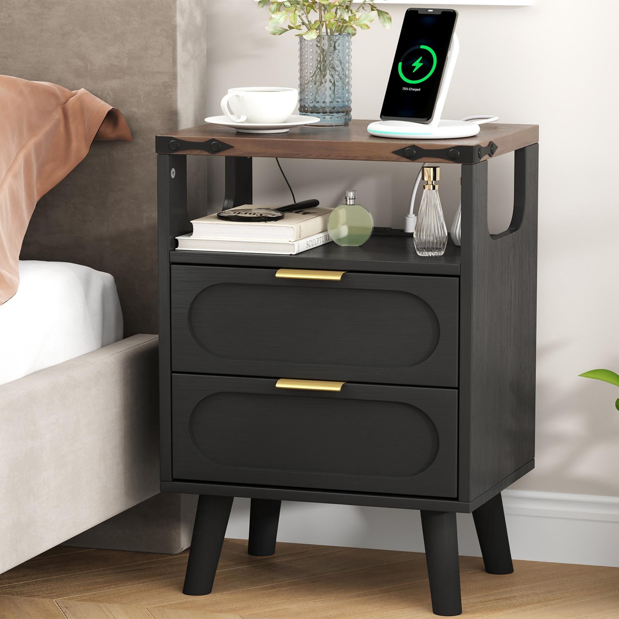 Nightstand with Charging Station, LED Modern Black Nightstand with 2 ...