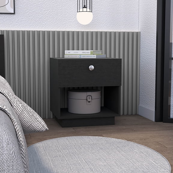 Black Nightstand with Drawer and Open Shelf, Compact 1 Drawer Bedside Table for Small Bedroom, Composite Wood, 18.5 in Wide